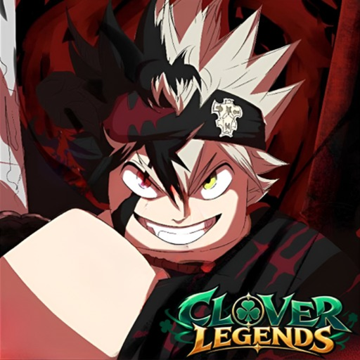 Clover Legends game icon: a grinning mage with split black-and-white hair wearing a five-leaf clover headband