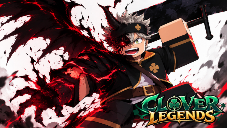 Clover Legends key art of a horned mage in a black headband swinging a giant sword wrapped in dark red energy